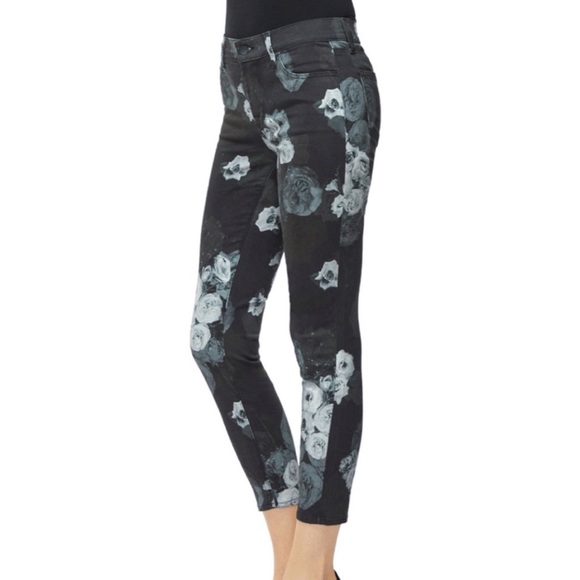 J Brand Mid Rise Cropped Skinny Jeans, Black with Gray & White Floral Design, 26 - Picture 3 of 16